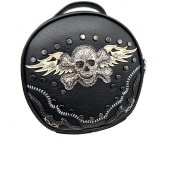 Black Skull Embroidered Circle Crossbody Purse Bag - Picture 1 of 1